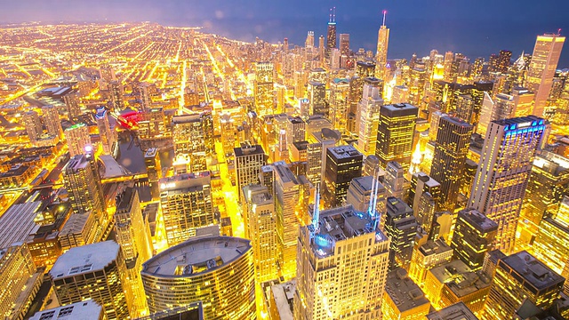高清白天到夜晚延时:空中芝加哥天际线城市景观视频素材