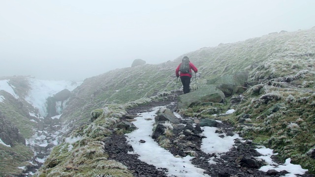WS人走过冬天的山景视频素材