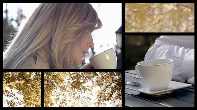 美女在户外咖啡厅喝咖啡。分屏视频素材