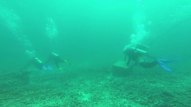 潜水员沿着美丽的珊瑚礁潜水视频素材