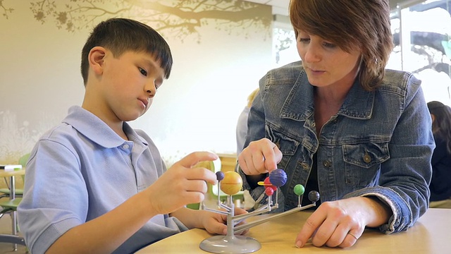 教师使用太阳系模型教小学亚洲男孩在私立学校视频素材
