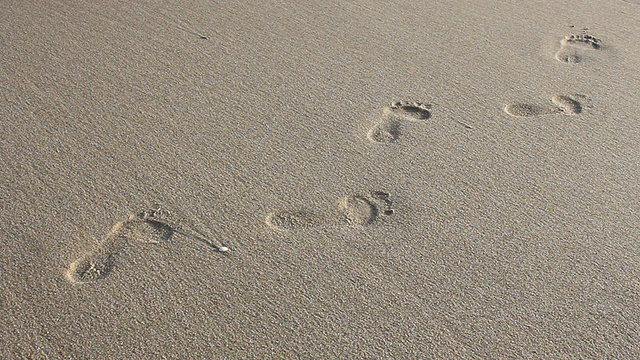 沙滩上排成一行的脚印会被海浪冲走。视频下载