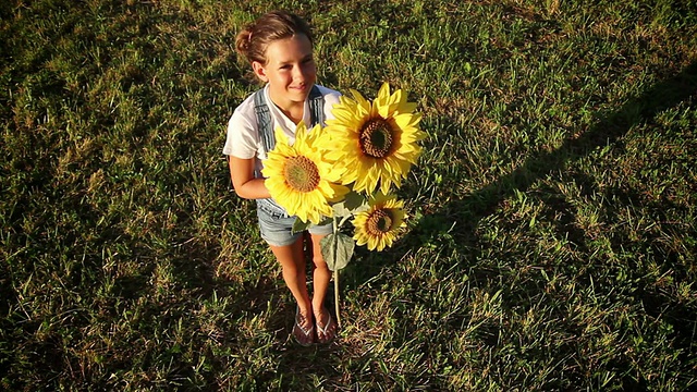 一个年轻的女孩在夕阳下拿着向日葵向上看视频下载