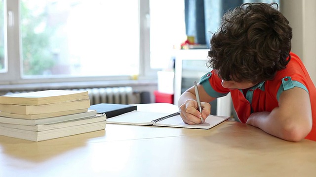 十多岁的男孩努力学习，他写在笔记本上视频素材