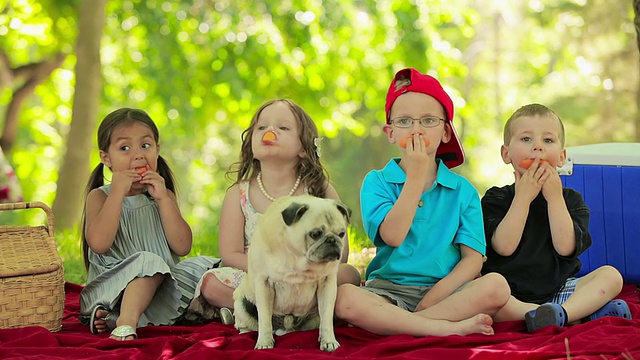 四个孩子有吃水果的乐趣视频素材