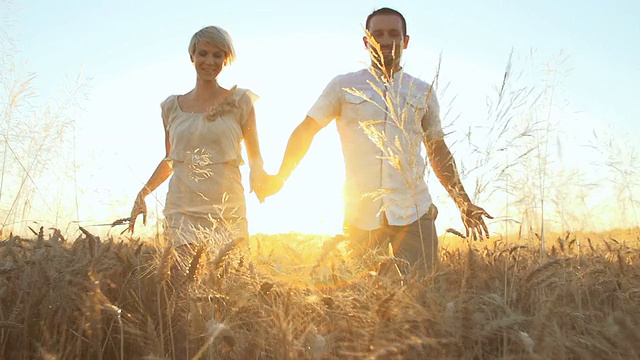 高清超级慢动作:一对夫妇在黄昏的田野里跑步视频素材
