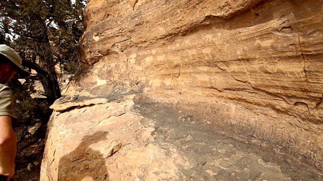 高清视频徒步者检查岩石雕刻科罗拉多东南部视频素材