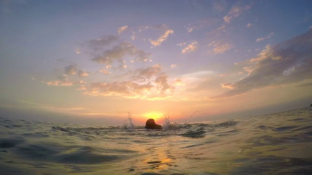 日落时，女人从海上升起视频素材