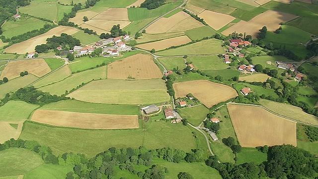 MS航拍村庄和农田/米迪比利牛斯，法国视频素材