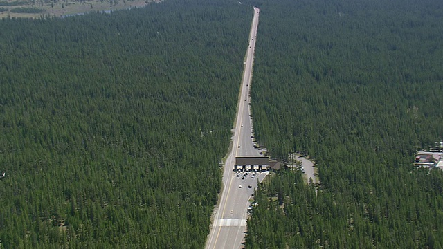WS鸟瞰图行驶在公路上的汽车平行于茂密的森林/怀俄明州，美国视频素材