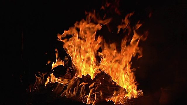 南非博茨瓦纳，莫雷米保护区，篝火中燃烧的火焰视频下载