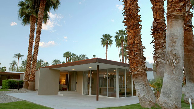 WS TS中世纪现代住宅，周围是高大的棕榈树，客厅有落地玻璃窗和巨大的突出屋顶，由一根柱子支撑，为客厅遮阳视频素材