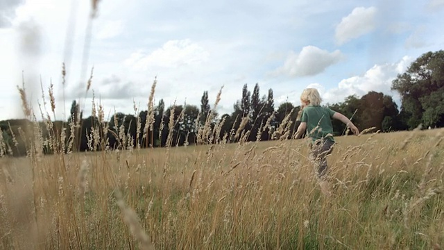 MS TU SLO MO的男孩跑过长草地的景象视频素材