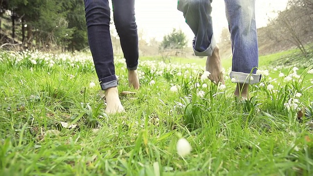 高清超级慢动作:一对赤脚走过春天的草地视频素材