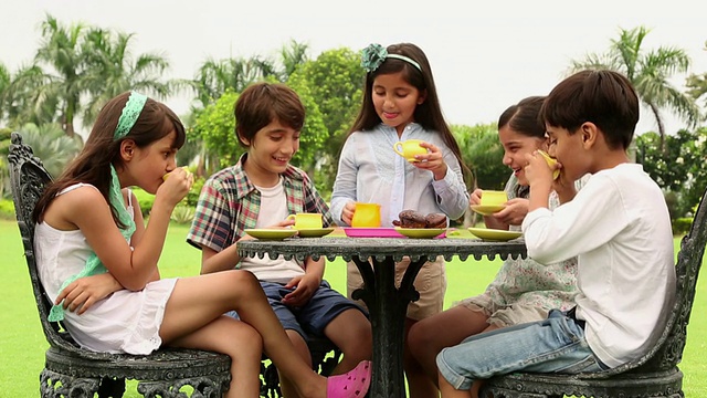 一群孩子在草坪上喝茶视频素材