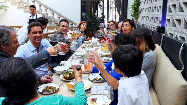 几代同堂的家庭在餐厅聚餐时互相祝酒视频下载