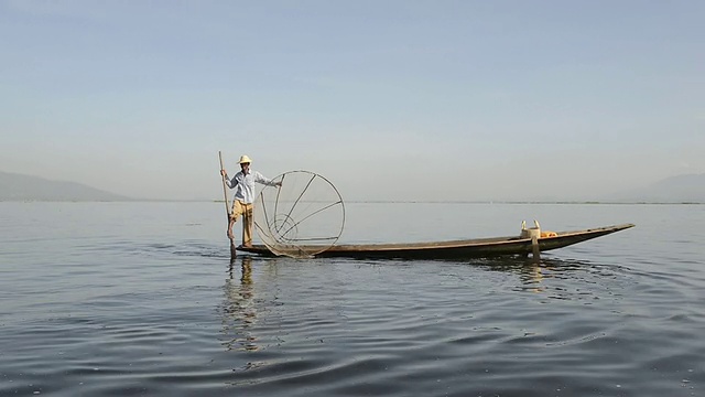 缅甸掸邦nyaunshwe Intha渔民腿部划船图片视频素材