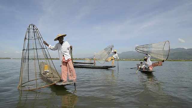 缅甸掸邦，尼扬瑞，因塔渔民划船视频素材