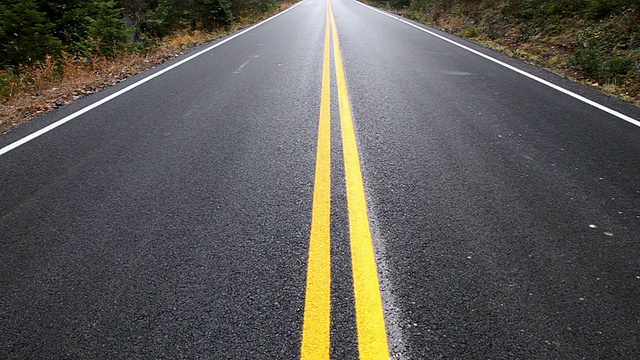 这张照片拍摄于美国蒙大拿卡利斯佩尔昏暗的常绿森林中新铺好的公路视频下载