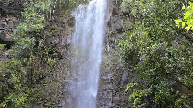 母亲和孩子们坐在岩石上观看秘密瀑布/怀鲁阿，考艾岛，夏威夷，美国视频下载