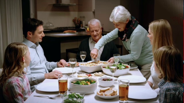 奶奶在家庭晚餐上做千层面视频素材