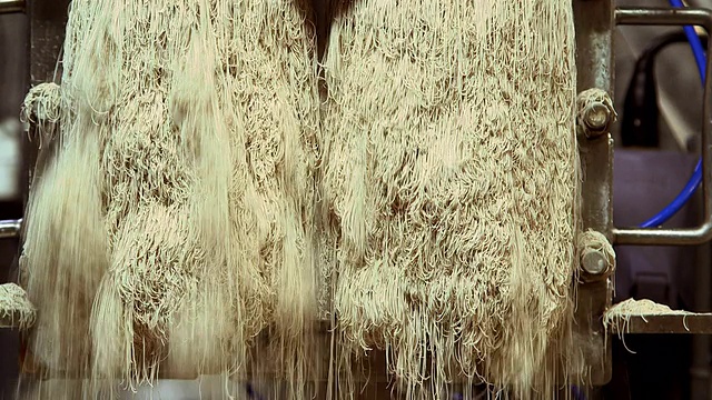 一串串的酵母从酵母生产厂的碎纸机上掉下来视频素材