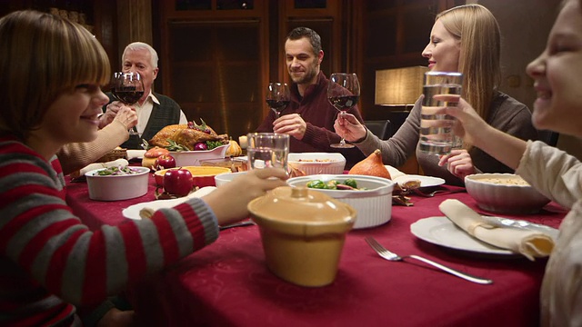 家人在感恩节餐桌上举杯祝酒视频素材