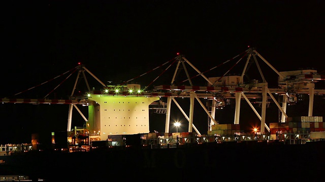 货船在夜间停靠在港口。视频素材