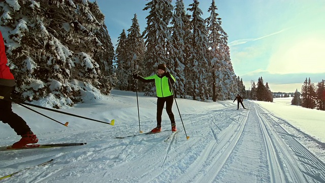 TS SLO MO家庭越野滑雪在阳光明媚的一天视频素材