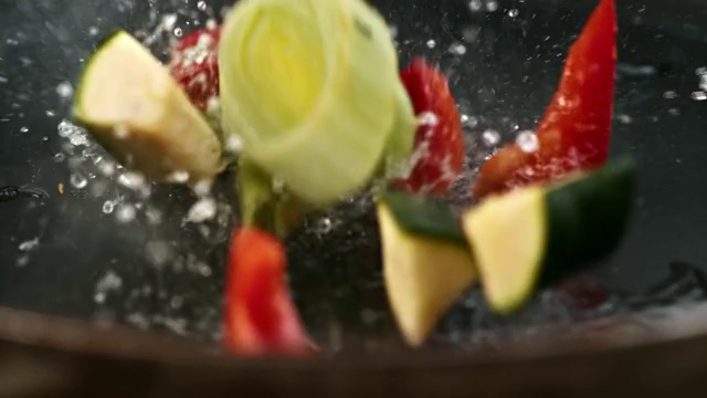 慢动作把蔬菜放进热锅里视频下载