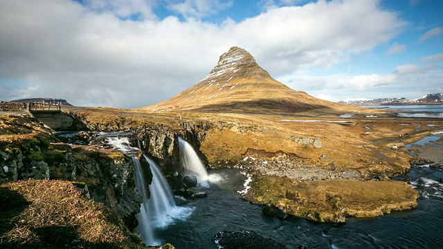 高清延时:Kirkjufell山Snaefellsnes半岛，瀑布景观冰岛视频素材
