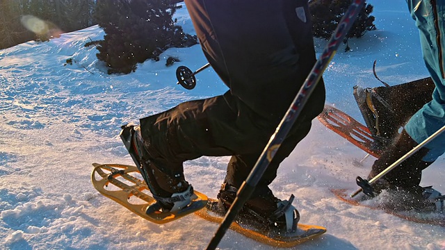SLO MO TS雪鞋跑在山顶上视频素材