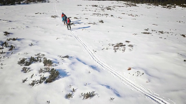 滑雪游客在山谷中滑雪的航拍视频素材