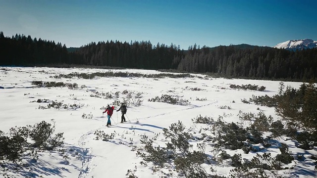 冬季登山运动员在阳光明媚的日子穿雪鞋穿过山谷的空中拍摄视频素材