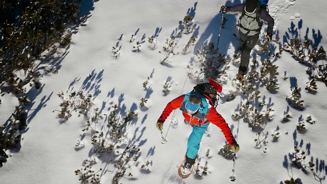 两个登山运动员在阳光明媚的日子里穿雪鞋视频素材