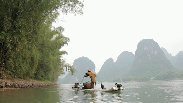 WS拍摄的人与鸟和河流环境/靠近漓江，广西，中国视频素材