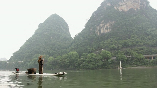 WS拍摄的男子与鸟钓鱼，群山环绕/靠近漓江，中国广西视频下载