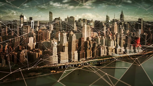 鸟瞰图的曼哈顿天际线与连接。Technology-Futuristic。视频素材