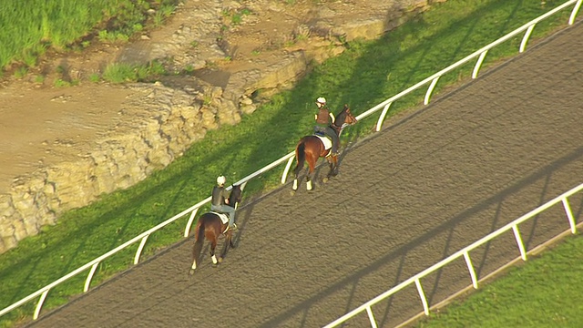 MS AERIAL TS拍摄的马和骑师骑到位置在WinStar轨道/凡尔赛，肯塔基，美国视频下载