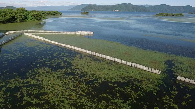 琵琶湖的架空捕鱼器视频素材