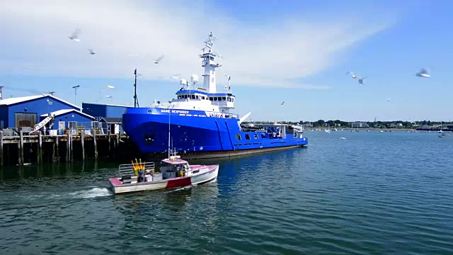 缅因州波特兰港口商业街的渔船上有一艘叫“缅因州响应者”的水船视频素材
