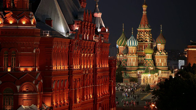 时间流逝，莫斯科国家历史博物馆与圣巴西尔大教堂的背景视频下载
