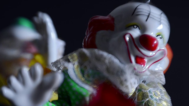 一个小丑玩偶在诡异的灯光下视频素材