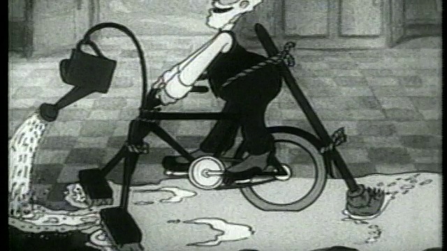 1937年B/W动画摄影车拍摄了骑着拖把的自行车上的老人+骑着扫帚穿过+打扫厨房视频下载