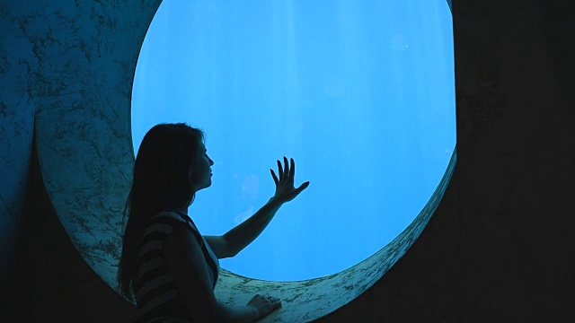 浪漫的女孩在欣赏水族馆的水下世界视频素材