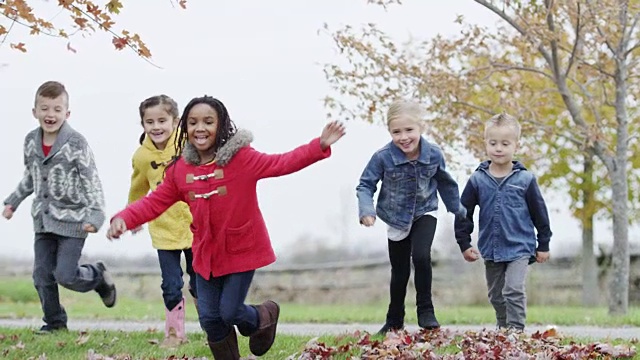 六七岁的孩子在秋叶中玩耍视频素材