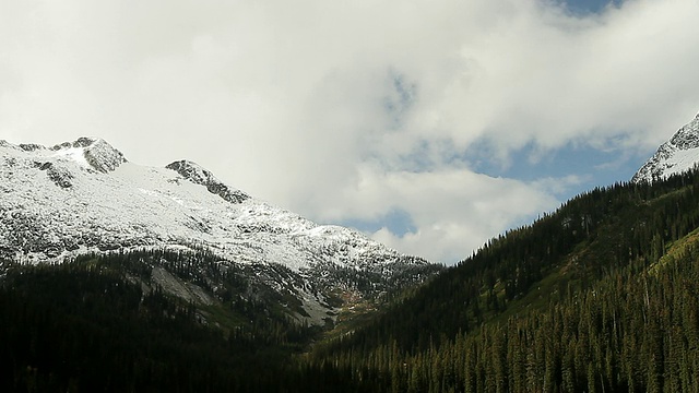 山上有很多树，可以看到雪山的山顶视频素材