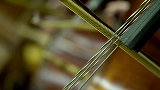 在管弦乐队中，弓在大提琴弦上视频素材