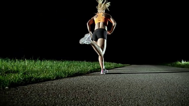 SLO MO PAN女子马拉松运动员在晚上跑步视频素材