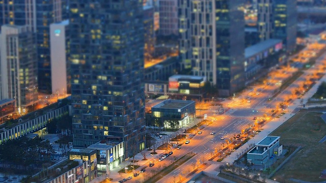 韩国仁川松岛国际商务区(新智慧城市或泛在城市)的微缩景观和夜景WS T/L /韩国视频素材